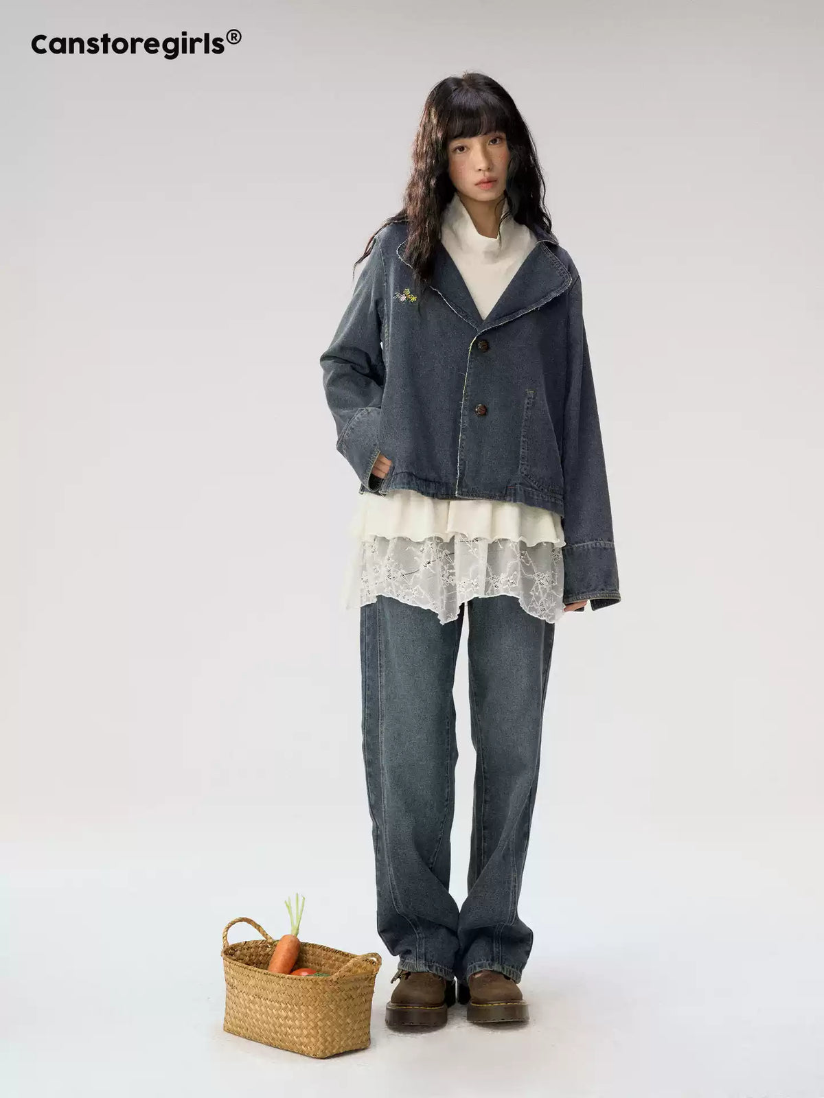 [CAN] "Wildflower Echoes" Vintage Indigo Denim Set (Jacket / Flared Pants / Midi Skirt)