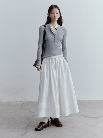 FUSSED Everyday Nerd Pleated Cotton Midi Skirt in Mist White FOF-25SS172a
