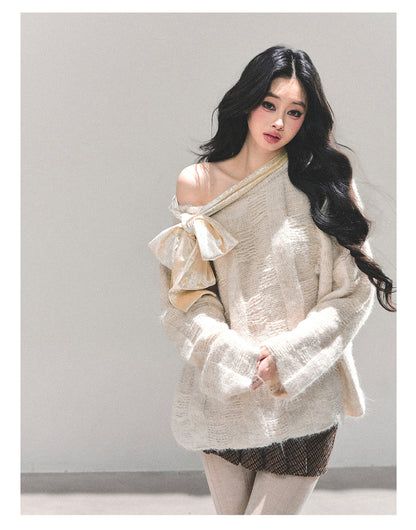 少也眼 "She Walks Through Morning" Bow-Knit Off-Shoulder Sweater - Almond Beige 58634584