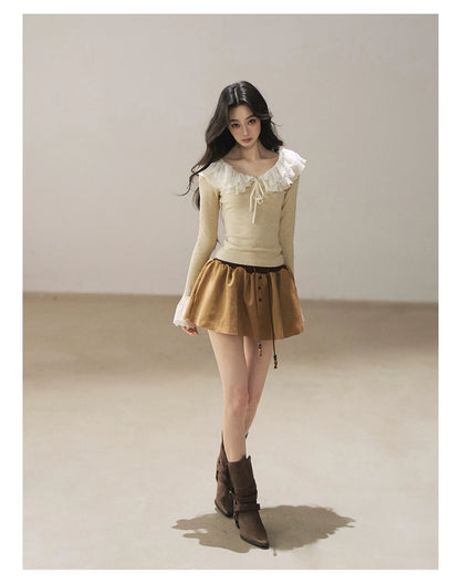 AOMALM - Oatmeal Ruffle Lace Knit Cropped Top