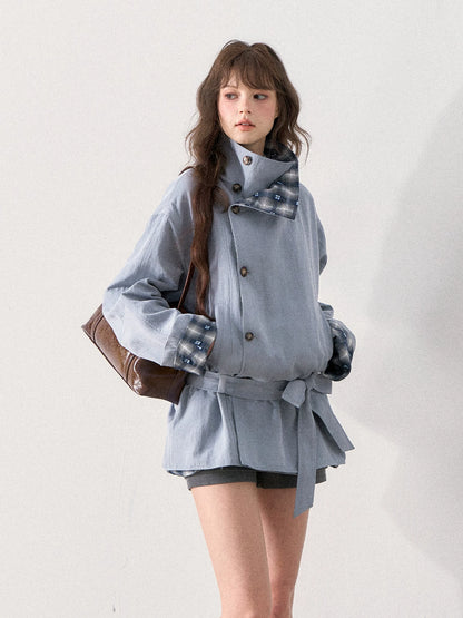 [TMMG] French Stand Collar Reversible Plaid Waist-Cinched Trench Coat (Morning Mist Blue)