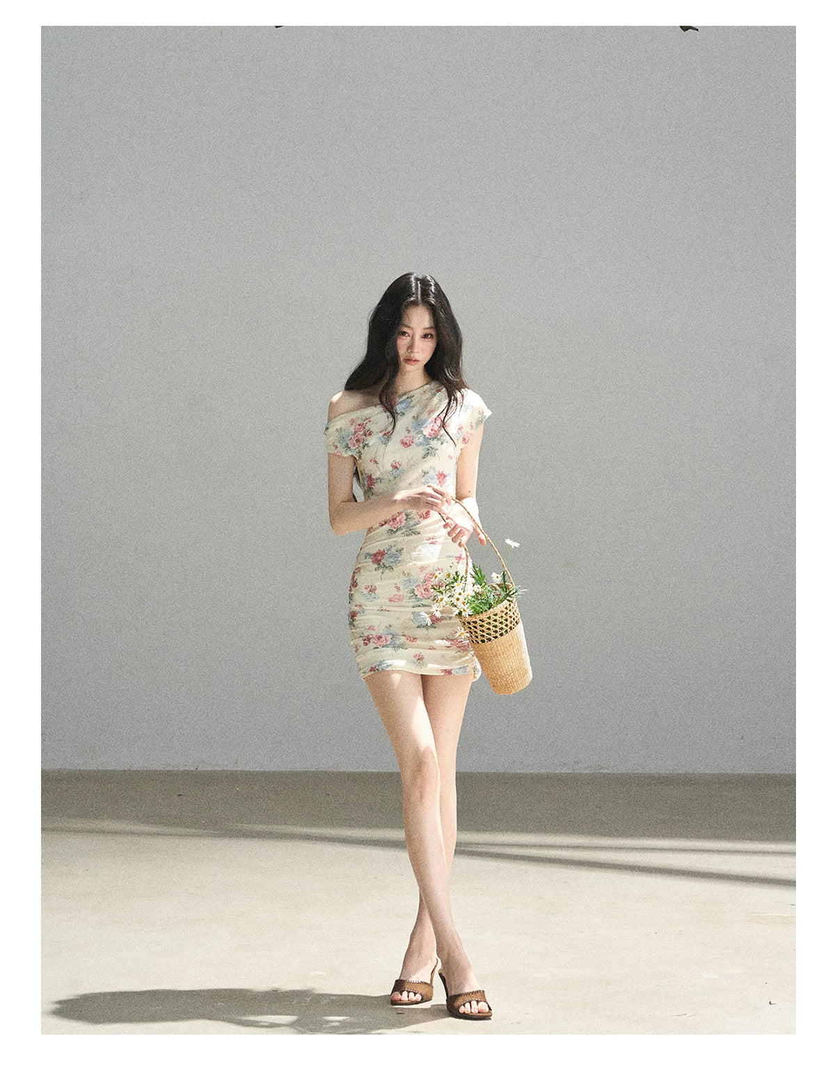 "Flowers & Sunlight" Dutch Cream Off-Shoulder Mesh Bodycon Mini Dress