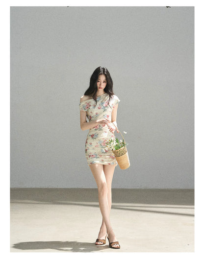 "Flowers & Sunlight" Dutch Cream Off-Shoulder Mesh Bodycon Mini Dress