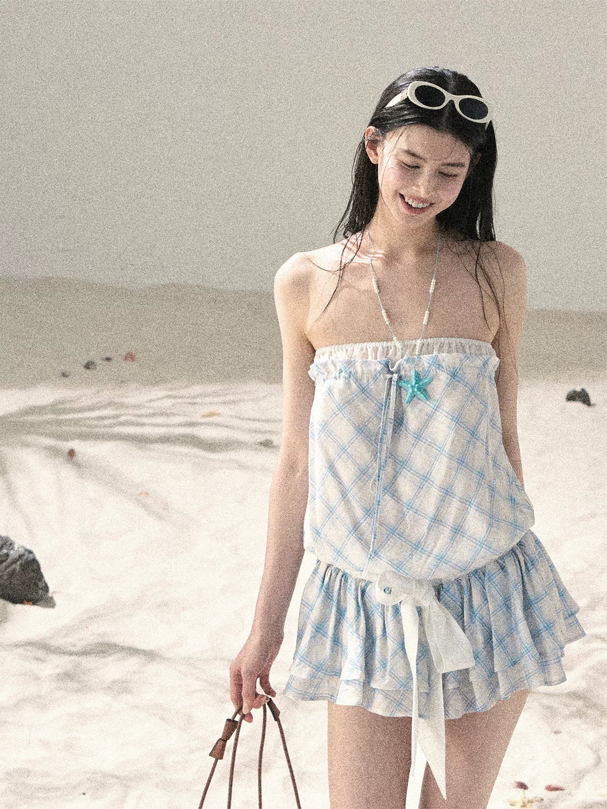 "Breeze Upon the Waves" Ice Crystal Blue Off-Shoulder Diamond Quilted Mini Dress