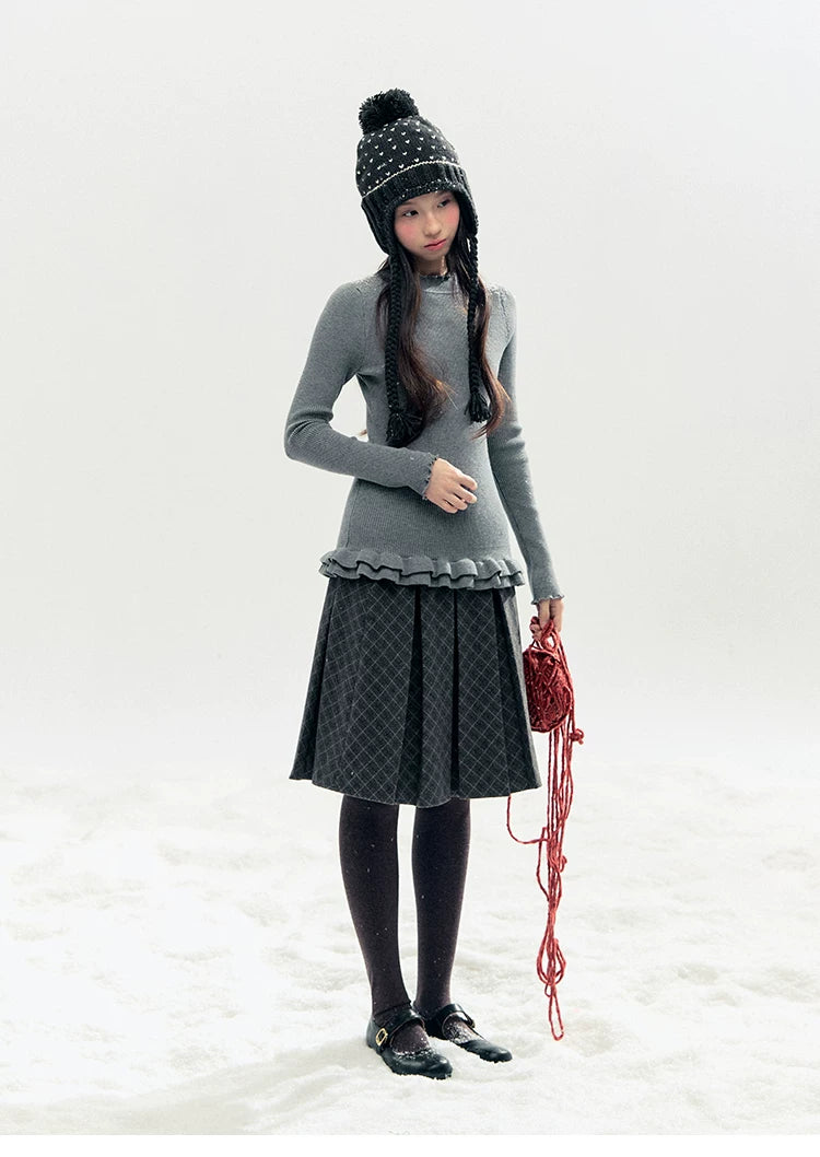 "Soft Whisper" Ruffle Mock Neck Ribbed Knit Top (Ivory/ Smoky Gray)