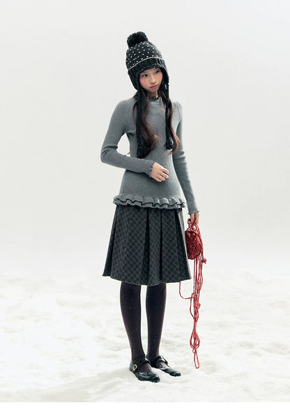 "Soft Whisper" Ruffle Mock Neck Ribbed Knit Top (Ivory/ Smoky Gray)