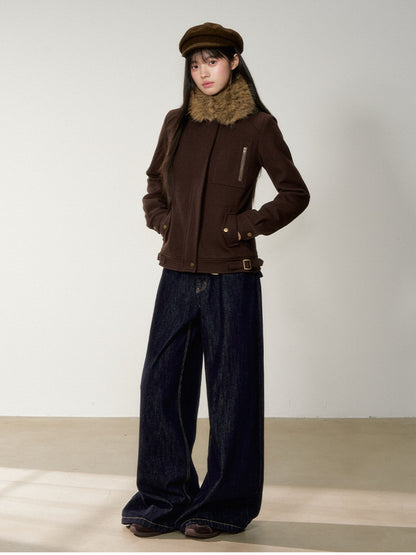 Soote Season - "Deep Roast" Twill Wool Fur-Collar Cinched Jacket
