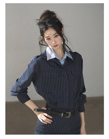 170726 "The Island and the Whale" Deep Slate Gray Layered Stripe Shirt Dress with Belt
