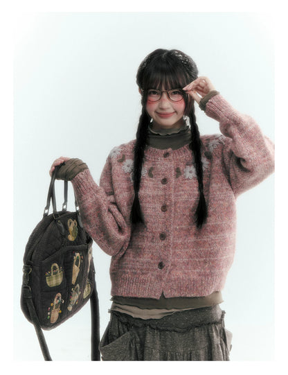 Horridale - Dusty Lotus Pink Vintage Crochet Flower Knit Cardigan