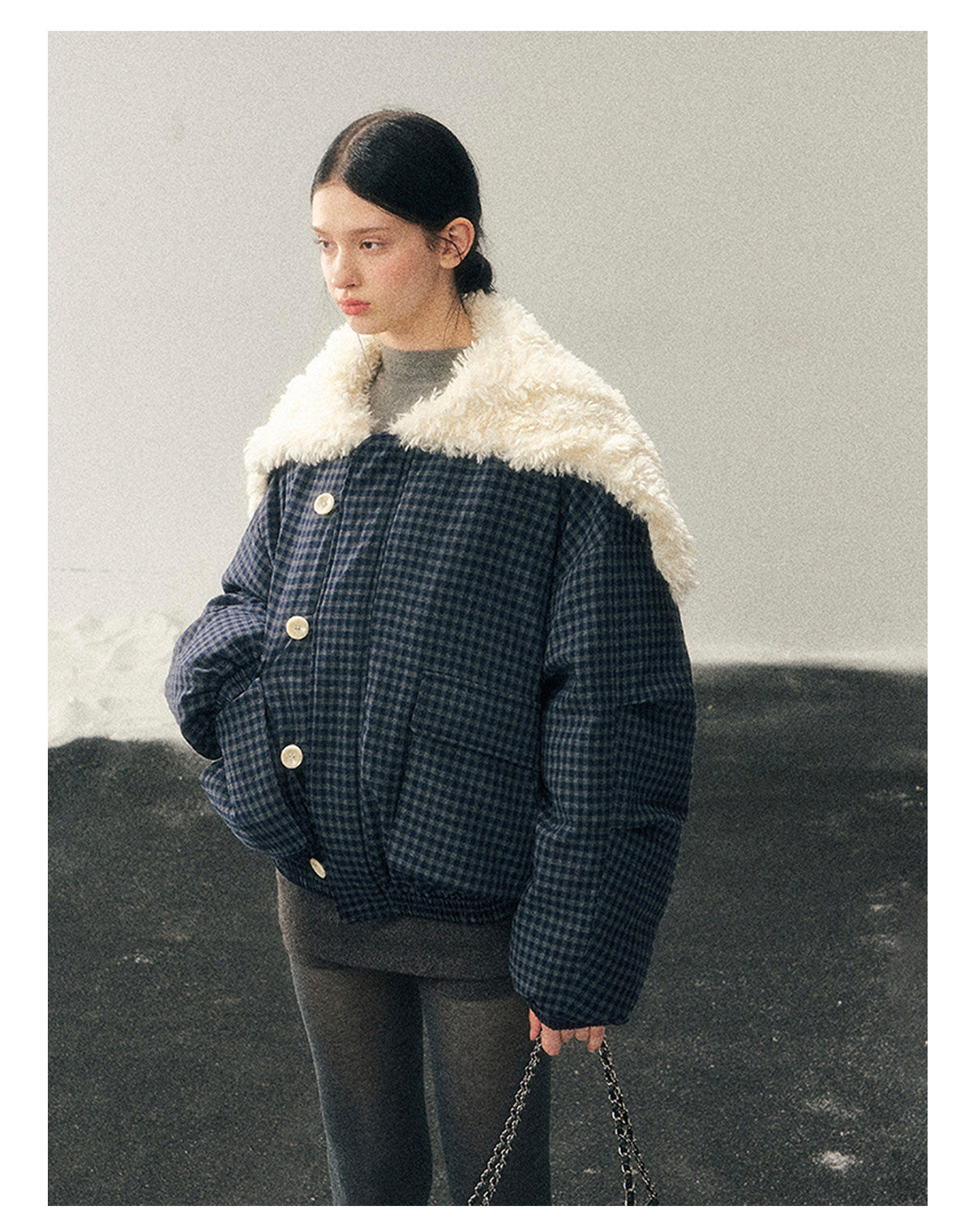 少也眼 “Silent Indigo” Academy Blue Quilted Wool-Collar Jacket