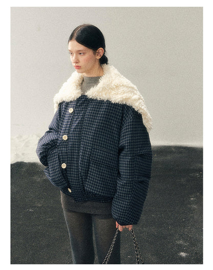 少也眼 “Silent Indigo” Academy Blue Quilted Wool-Collar Jacket