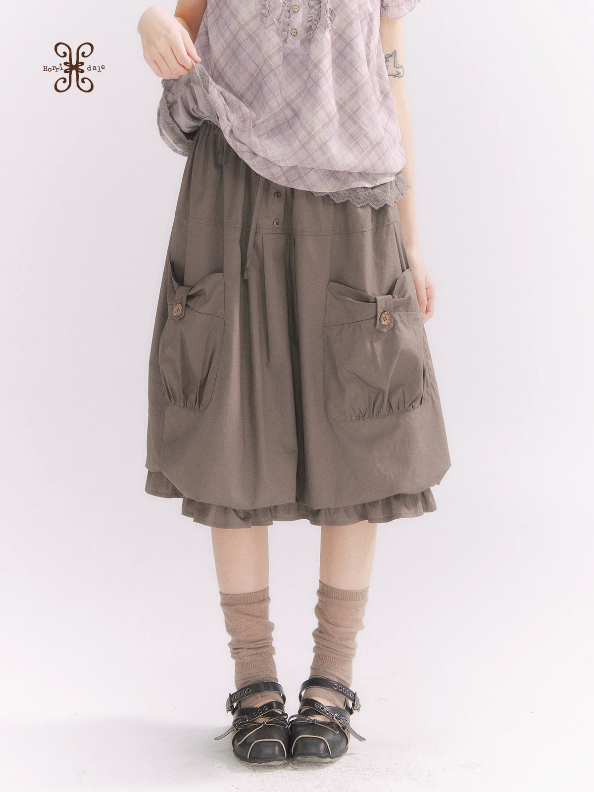 “Sweet & Cool Girl” Taupe Bow Drawstring High-Waist A-Line Cargo Skirt