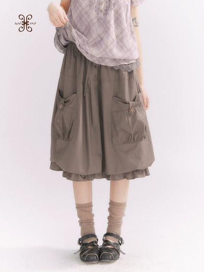 “Sweet & Cool Girl” Taupe Bow Drawstring High-Waist A-Line Cargo Skirt