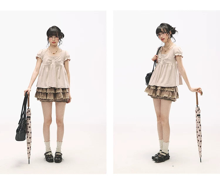"Sweetheart Crew" Polka Dot Faux Two-Piece Bow Knit Short Sleeve Top