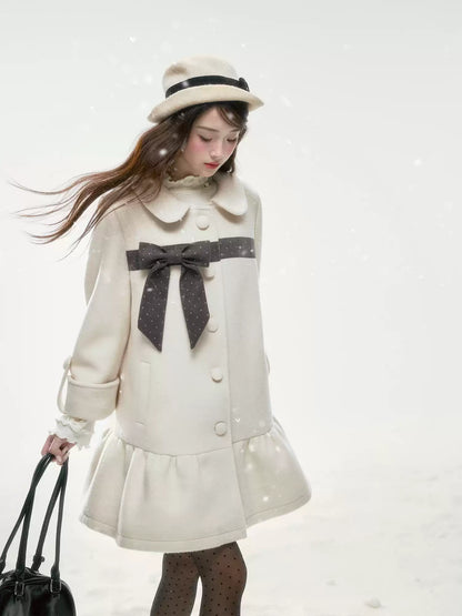 BIBIBENCY - Ivory Wool-Blend Coat with Gray Bow Detail