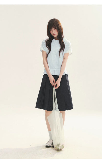 "Citrus Sea Salt" Stripe Lace Peter Pan Collar Pleated Shirt (White Blue / Blue White)