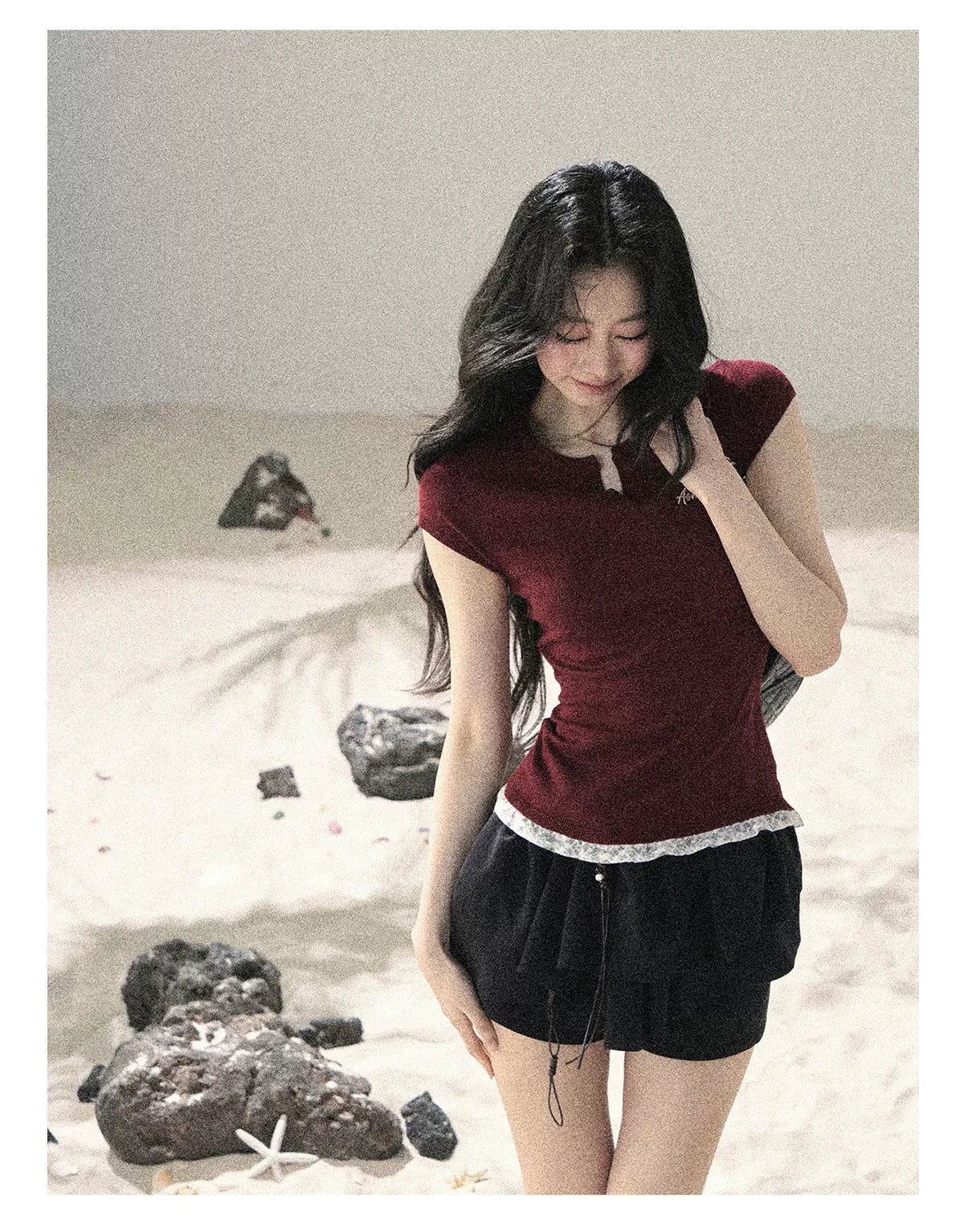 "Letter from the Tides" Burgundy Red Faux Two-Piece Lace Waist-Fit Crop Top 452436