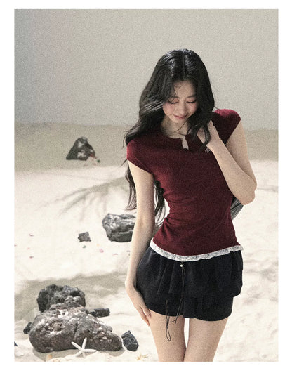 "Letter from the Tides" Burgundy Red Faux Two-Piece Lace Waist-Fit Crop Top 452436