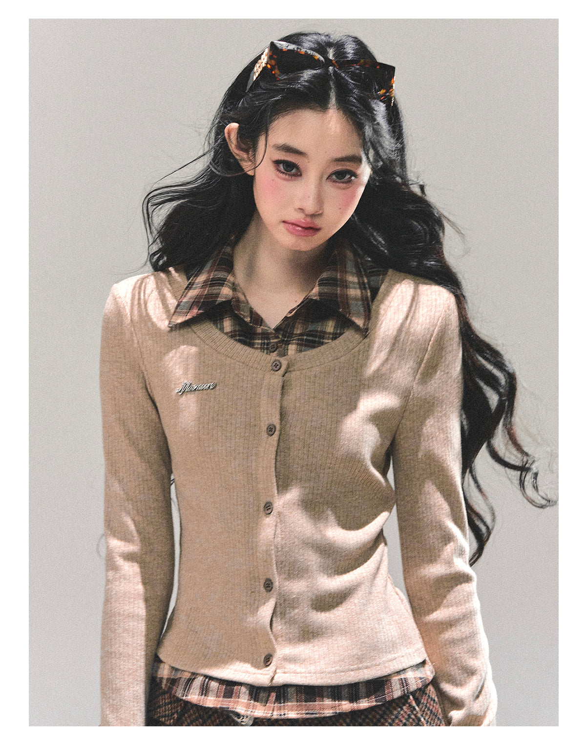 少也眼 “Whispers of Moss” Layered-Effect Polo Knit Top 543647584