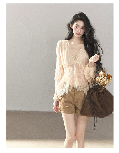 AOMALM - Blush Pink Lace-Trim Chiffon Blouse & Cami Set