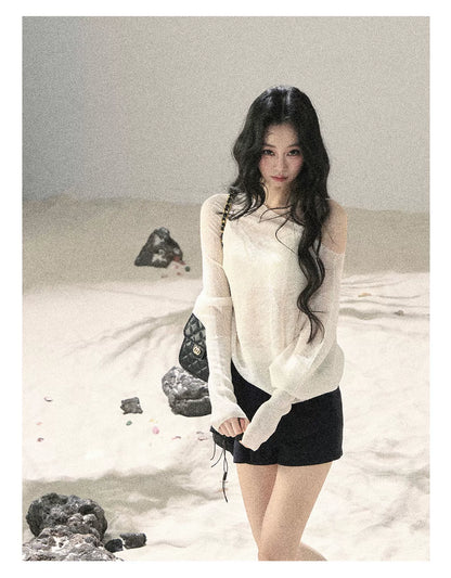 "Misty Veil Whisper" Holland Cheese Off-Shoulder Sheer Sun Protection Top 5345634