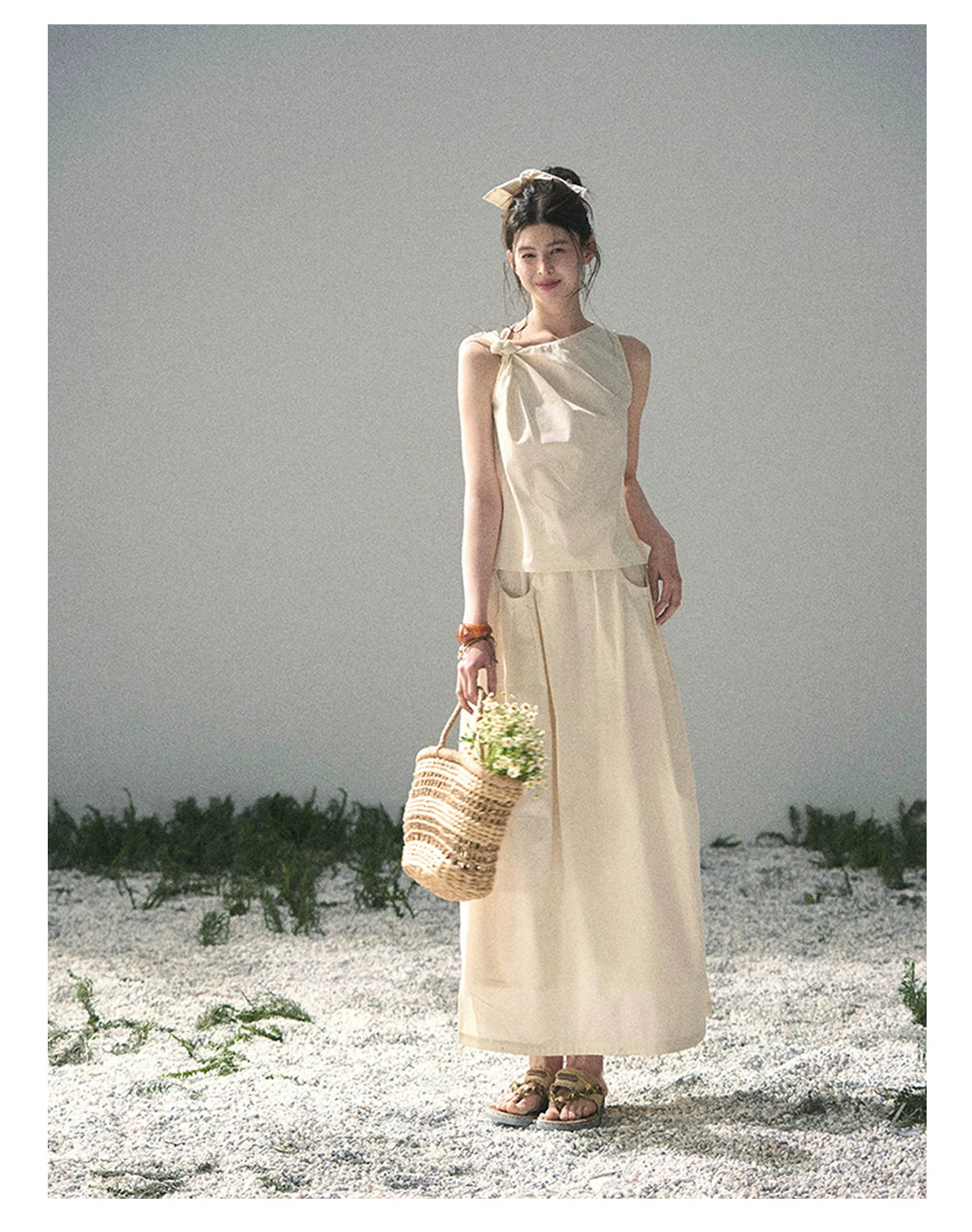 “Ivory Pleated Verse” Soft White Asymmetrical Twist Top & Skirt