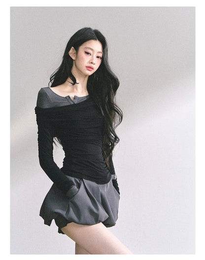 少也眼 "Seoul Toccata" Layered Off-Shoulder Long Sleeve Tee - Black-Gray 2536486