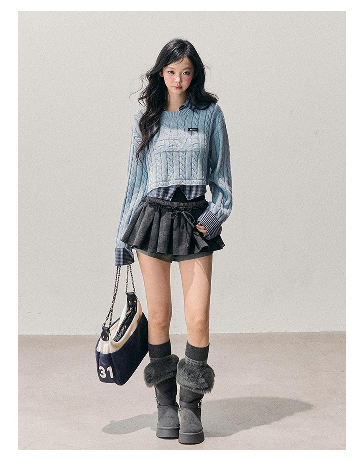 少也眼 “Falling Blue” Faux-Layered Wool Knit Sweater 658454