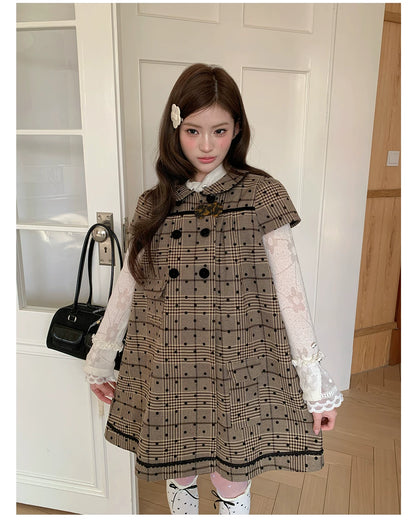 “Hazel Rococo Reverie” Khaki Plaid Polka Dot Dress