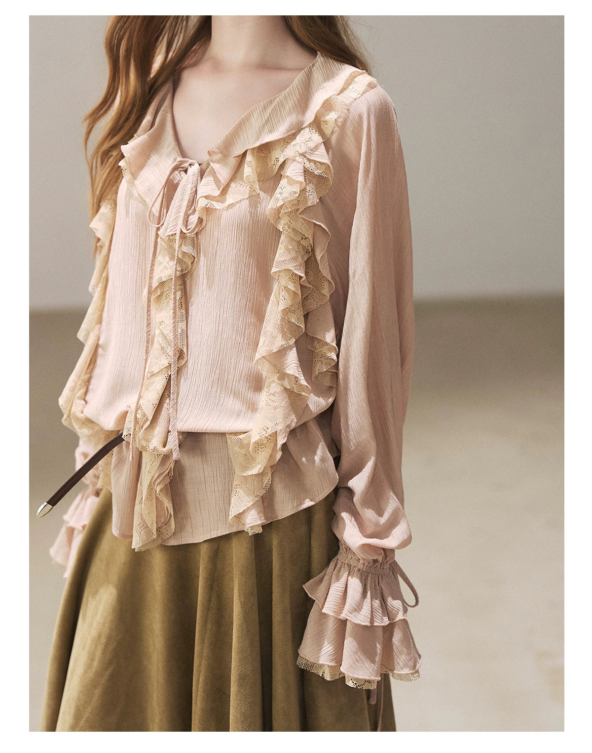 AOMALM - "A Featherlight Touch" French Camellia White Lace Chiffon Top with Belt (Camellia / Oatmeal / Cinnamon Pink)