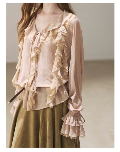 AOMALM - "A Featherlight Touch" French Camellia White Lace Chiffon Top with Belt (Camellia / Oatmeal / Cinnamon Pink)
