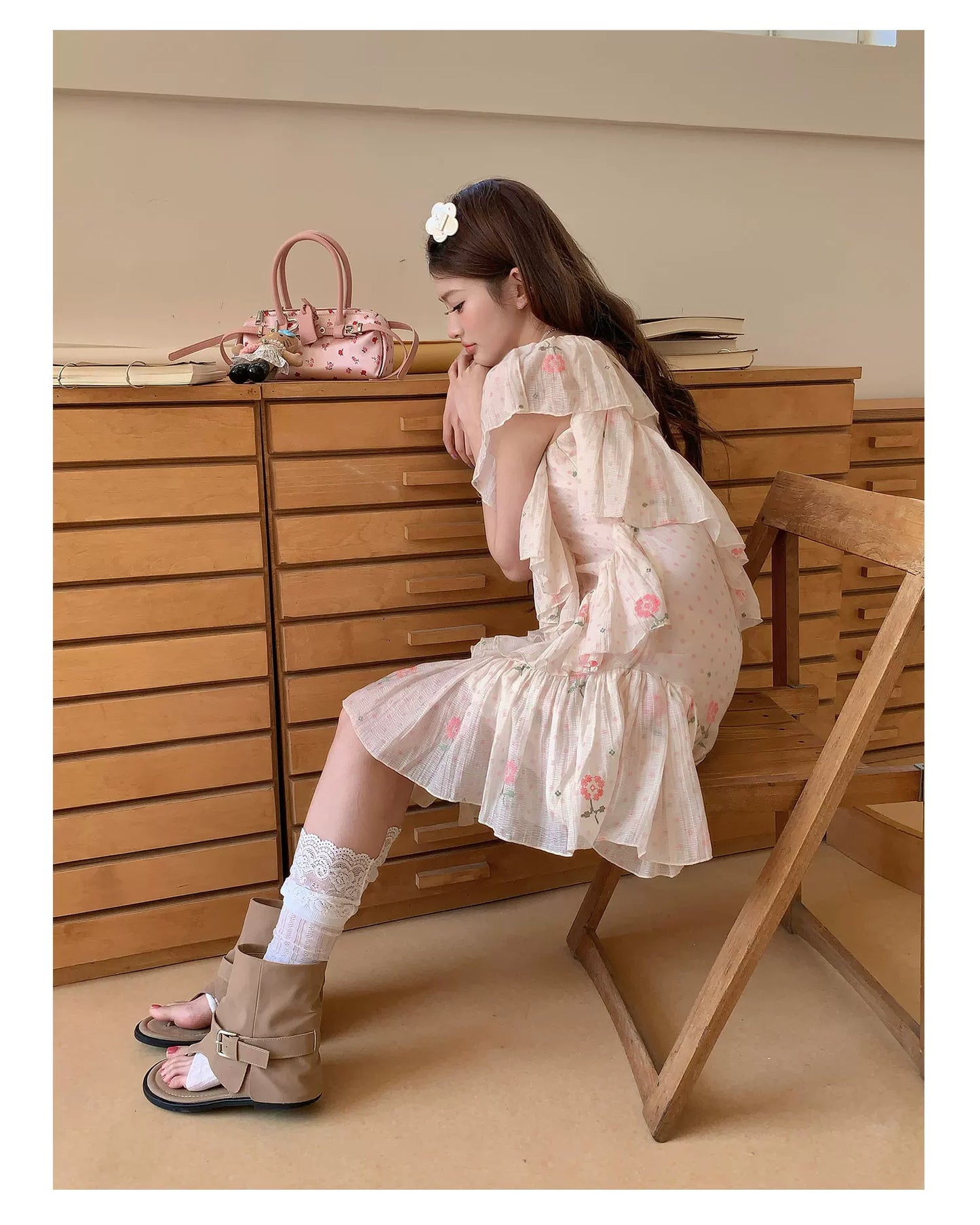 “Cloud Ruffle Reverie” Cream Apricot Floral Ruffle Dress