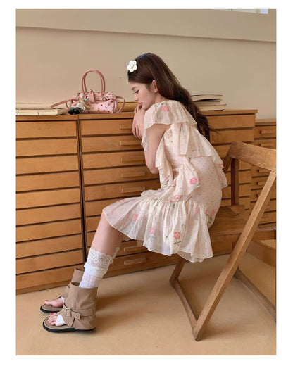 “Cloud Ruffle Reverie” Cream Apricot Floral Ruffle Dress