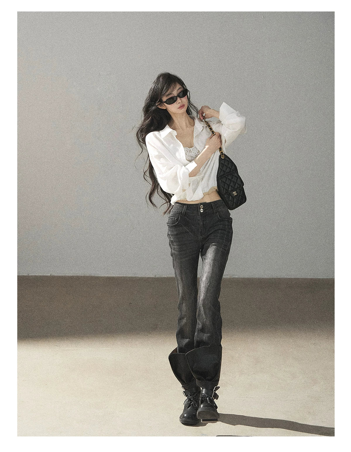 AOMALM - "Wandering Sunlight" Almond Beige Faux Two-Piece Lace Shirt Top