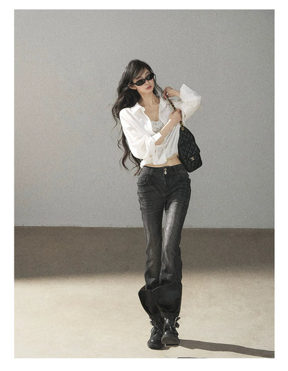 AOMALM - "Wandering Sunlight" Almond Beige Faux Two-Piece Lace Shirt Top