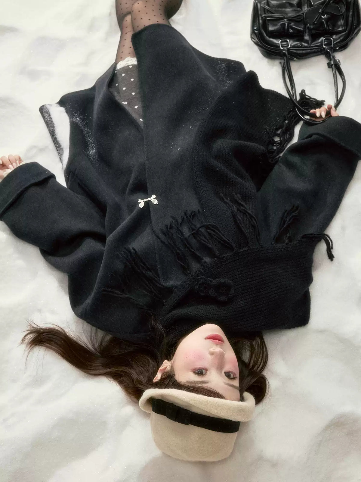 BIBIBENCY - Black Wool-Blend Coat with Detachable Scarf Collar