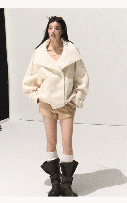 OAKMOO/ Sand Beige Wool Stand-Collar Short Coat