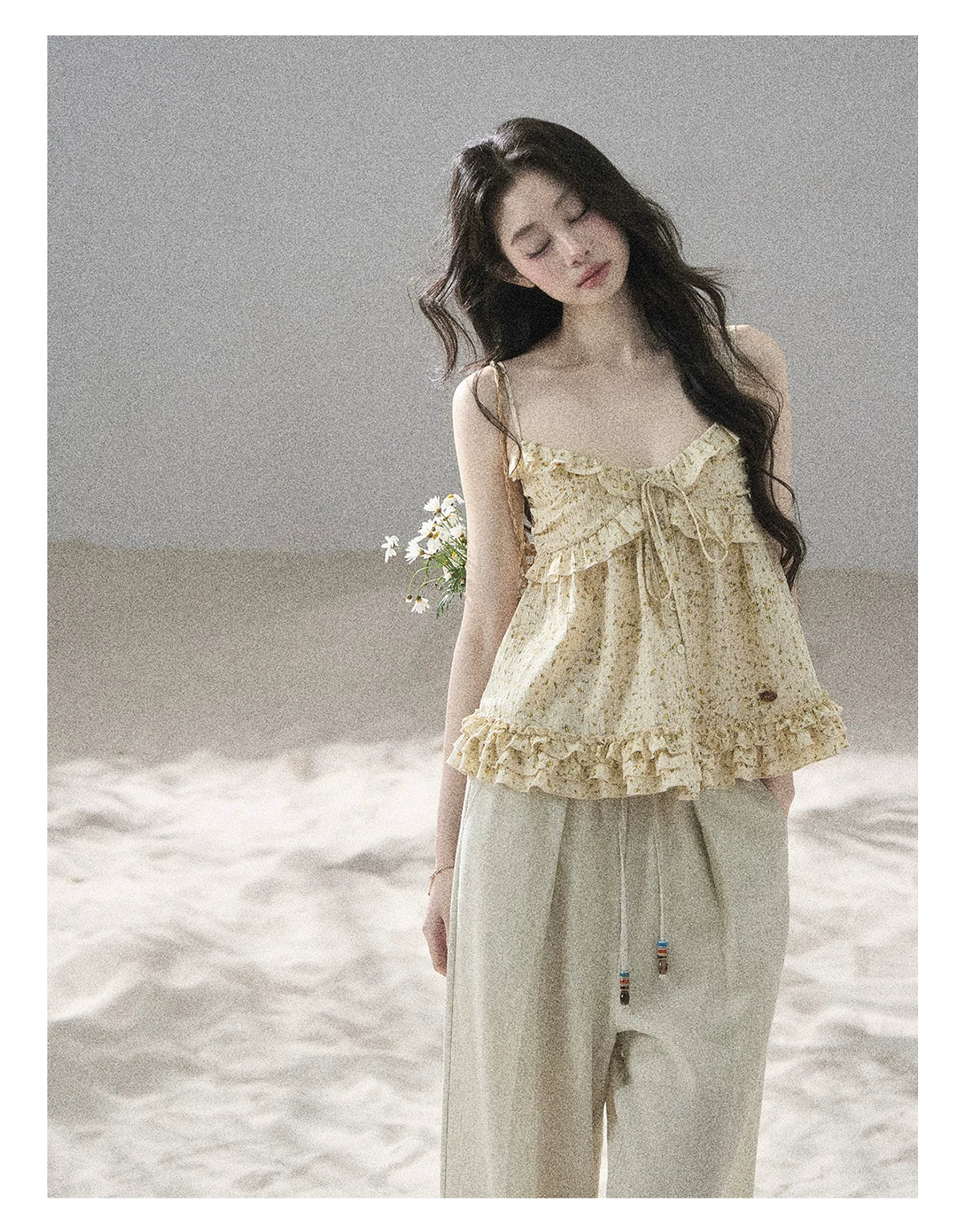 "Her Little Daisy" Milkshake Yellow Floral Ruffle Cami Top