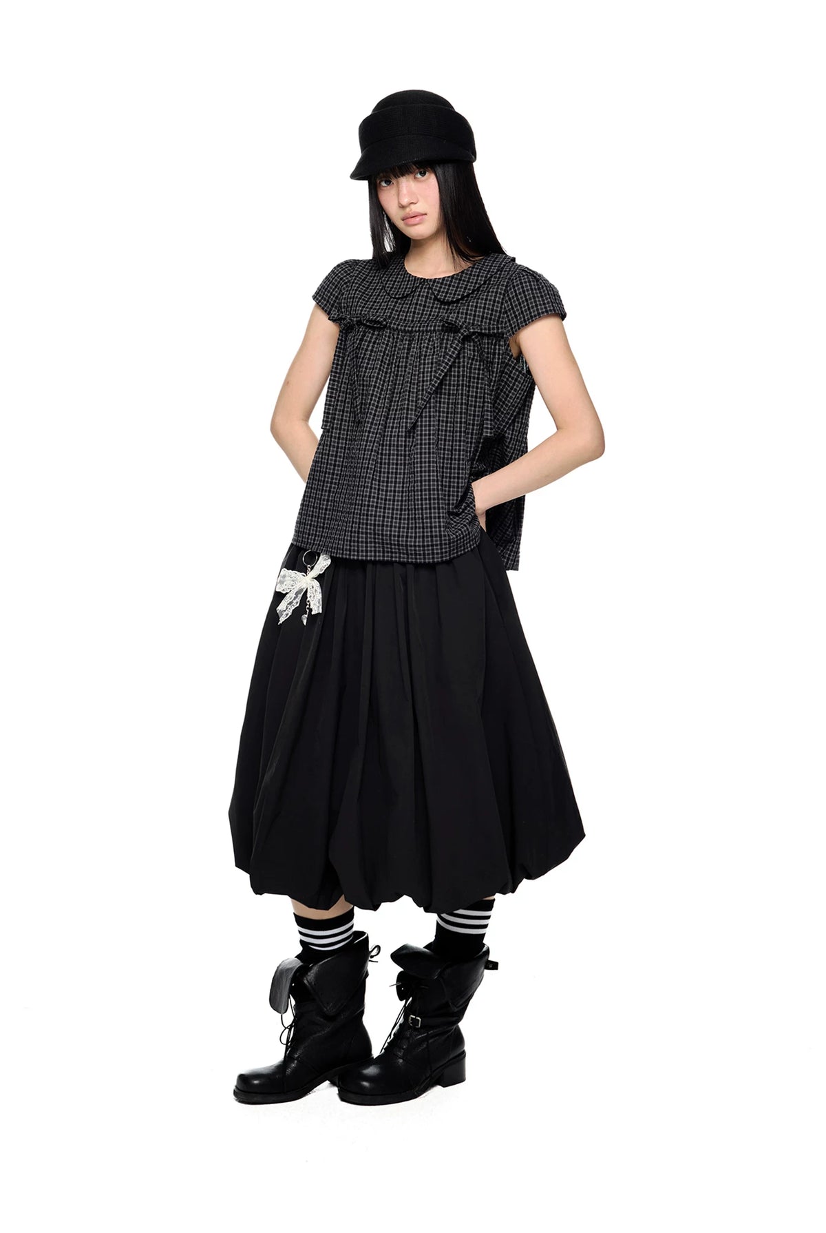 EZEK | Cloud Flower Bubble Skirt A-Line Midi (Black / White / Tan / Gray)