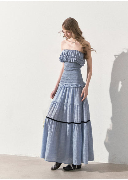 "Twilight Verses" Misty Blue Smocked Ruffle Maxi Dress