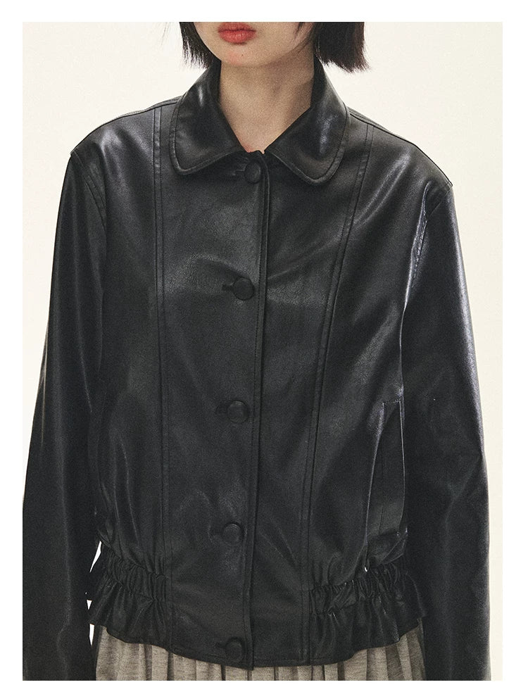 "Venus Gallery" Black Ruffle Collar Cropped Faux Leather Jacket