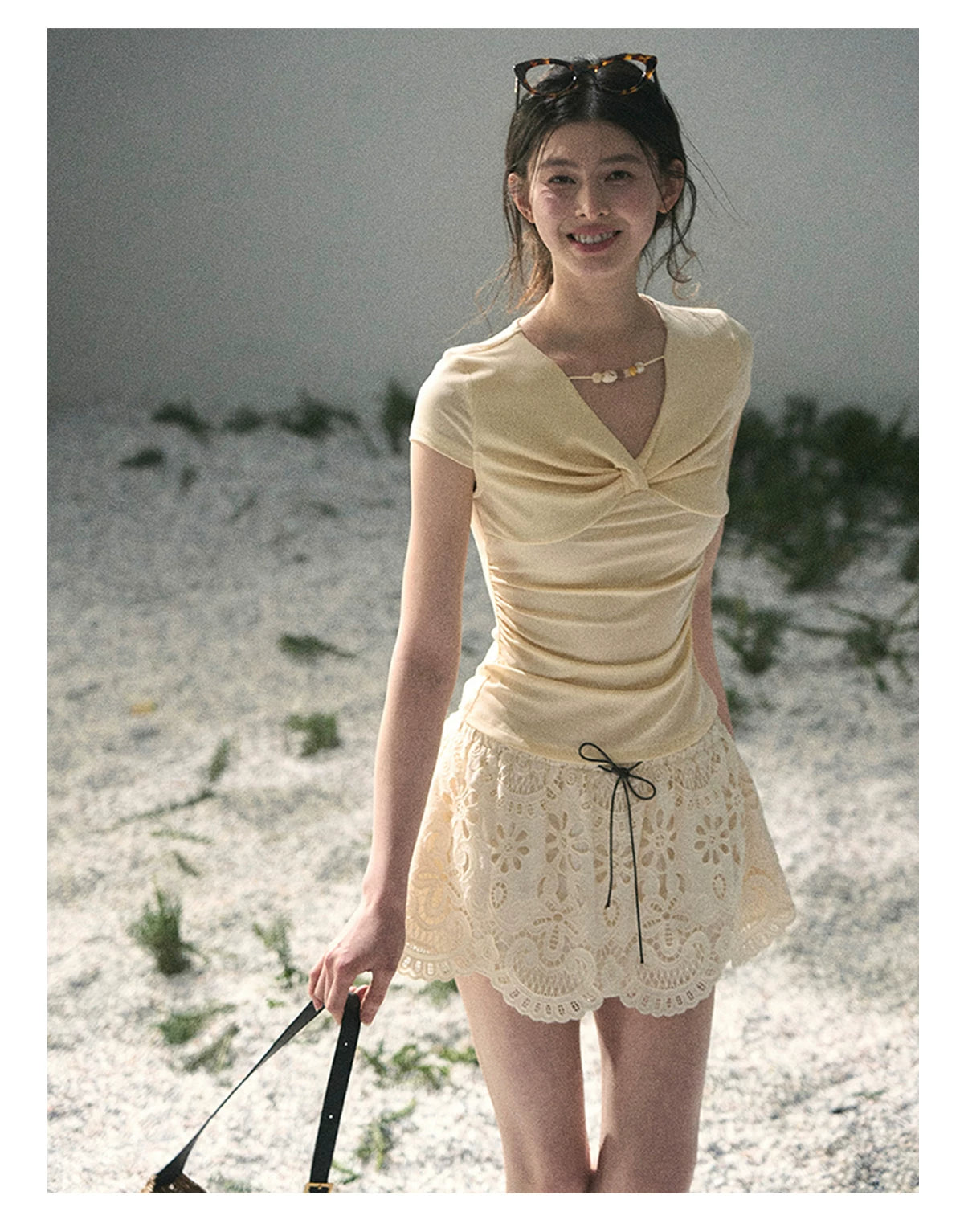 “Sheer Spring Whisper” Milkshake Yellow Twist V-Neck Top