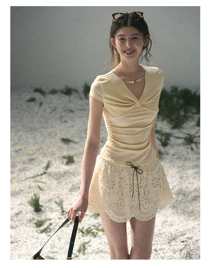 “Sheer Spring Whisper” Milkshake Yellow Twist V-Neck Top