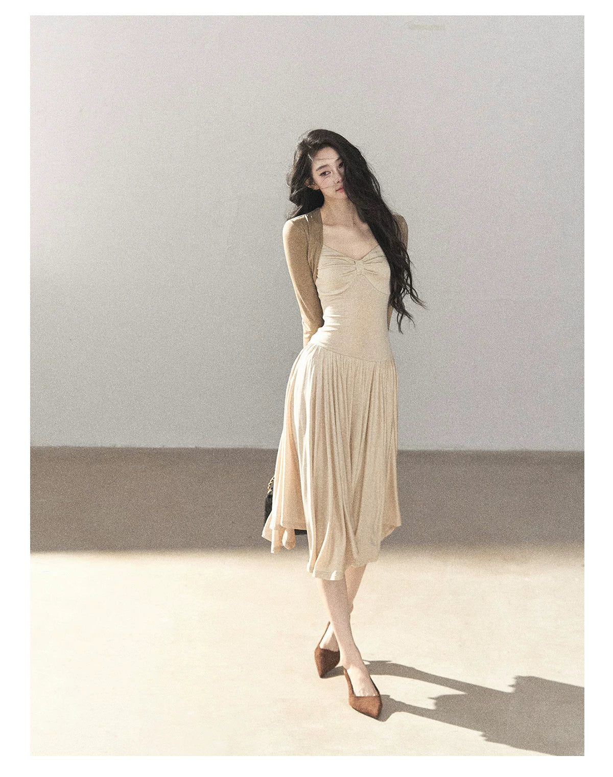 AOMALM - Light Sand Faux Two-Piece Midi Dress with Draped Shawl
