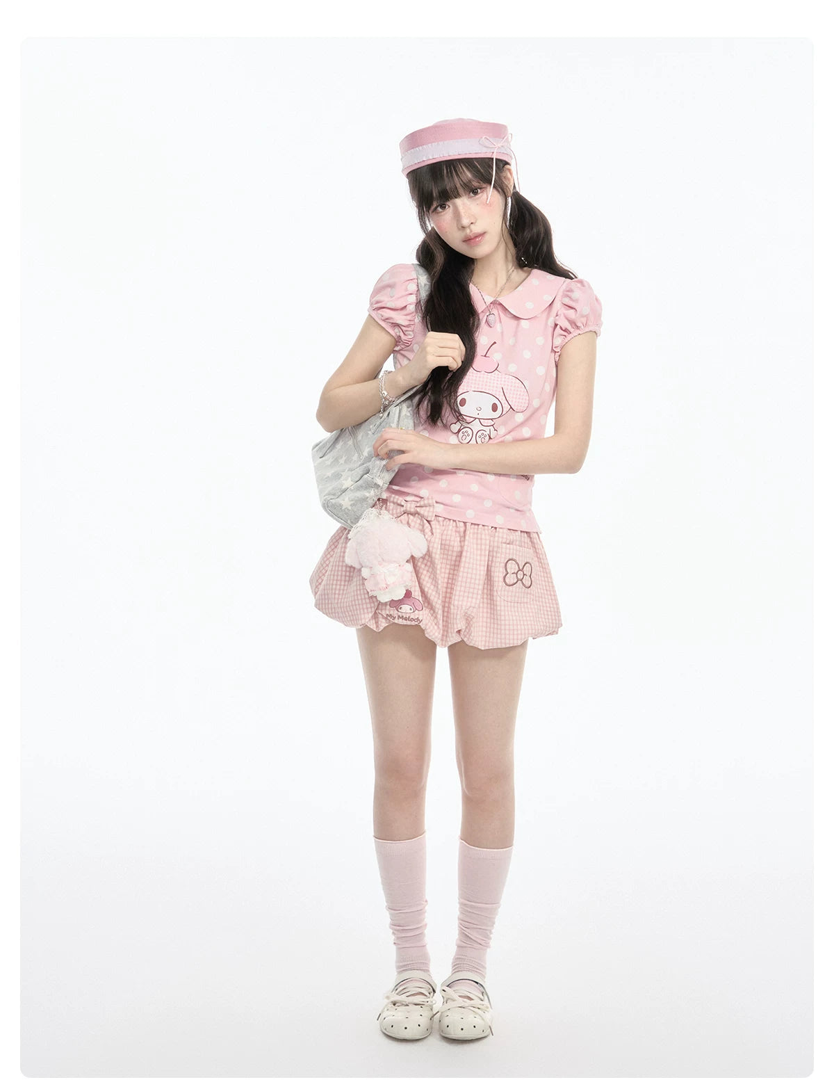 "Sweet Melody" Pink Casual Collection (Polka Dot Puff Sleeve Tee / Pleated Skirt / Bubble Skirt)