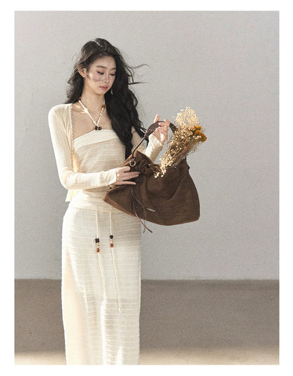 AOMALM - Creamy Ivory Convertible Knit Tube Top & Maxi Skirt Set