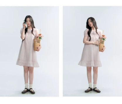 "Misty Wild Rose" Detachable Rose Lace Trim Puff Sleeve Midi Dress