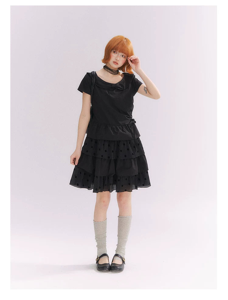 “Midnight Sweetheart” Black Korean-Style Bow Polka Dot Tiered Dress