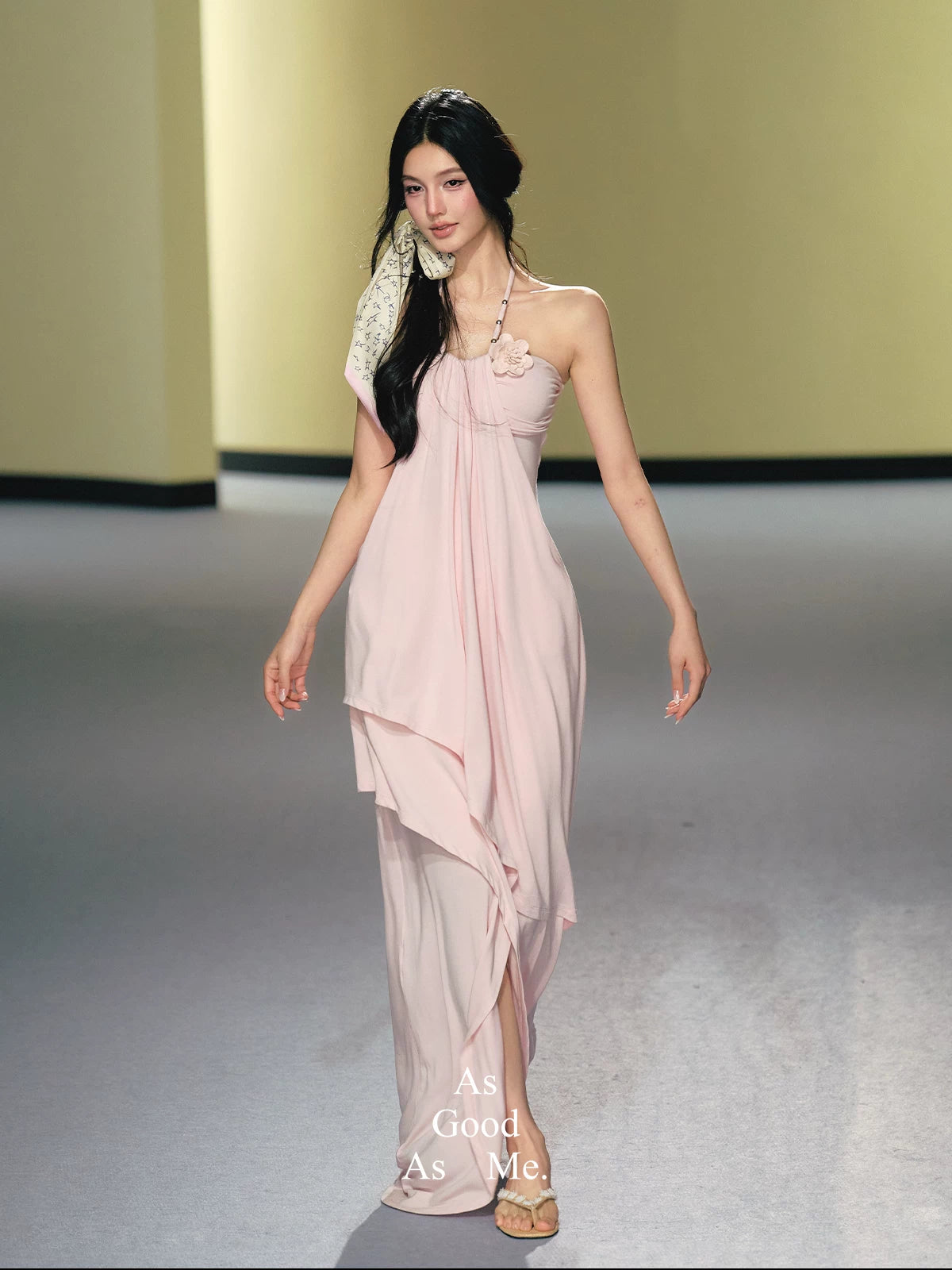 "Moonlit Reverie" Halter Layered Maxi Dress (Black/ Blush Pink)