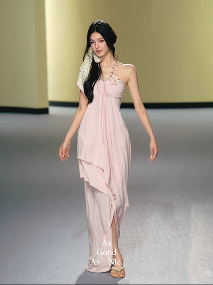 "Moonlit Reverie" Halter Layered Maxi Dress (Black/ Blush Pink)